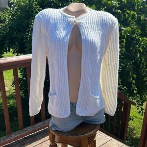 Stamford Classic White Ribbed Cardigan Sweater- Vintage- Shoulder Pads- Grandma